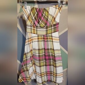 American Rag Strapless Plaid Dress in Pink, Yellow, and Brown